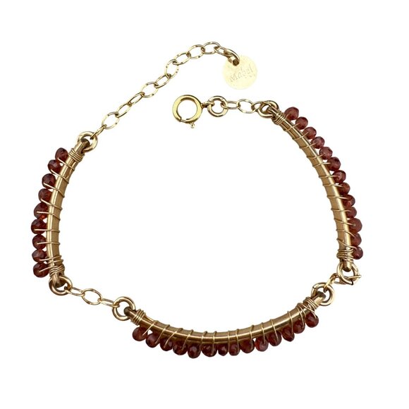 Wire Wrapped Garnet Bracelet 14K Gold-Filled Chain Handmade By Mabel Adjustable - Picture 1 of 8